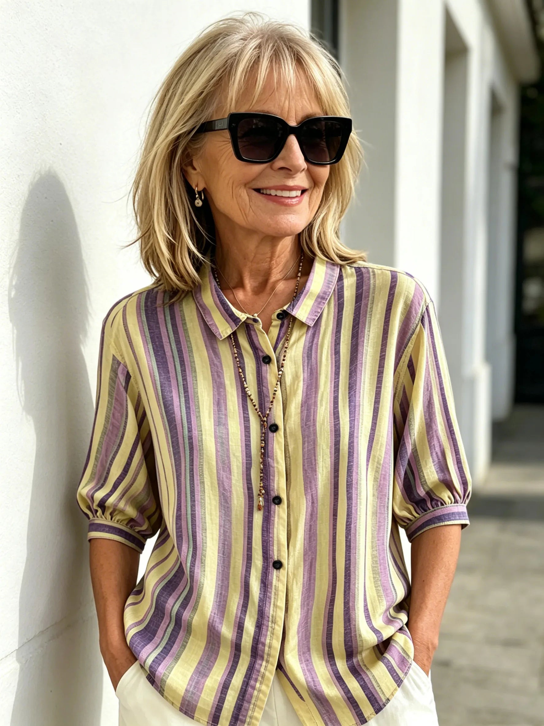Contrasting Striped Shirt Lapel Single-breasted Medium Sleeve Top Women's Shirt