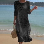 Vintage Patchwork Art Pattern Linen Blend Loose Three-quarter Sleeve Dress