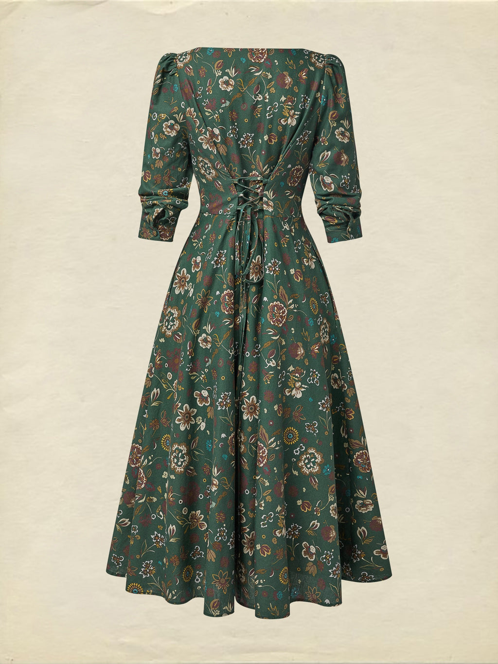 Midi Linen Dress, Long Sleeves, Square Neck, Paisley, Vintage, Green