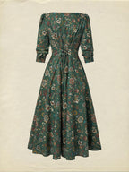 Midi Linen Dress, Long Sleeves, Square Neck, Paisley, Vintage, Green