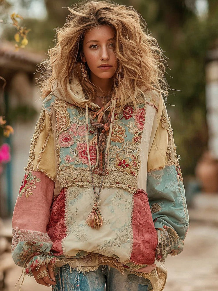 Women's Vintage Bohemian Floral Panel Cozy Warm Hoodie