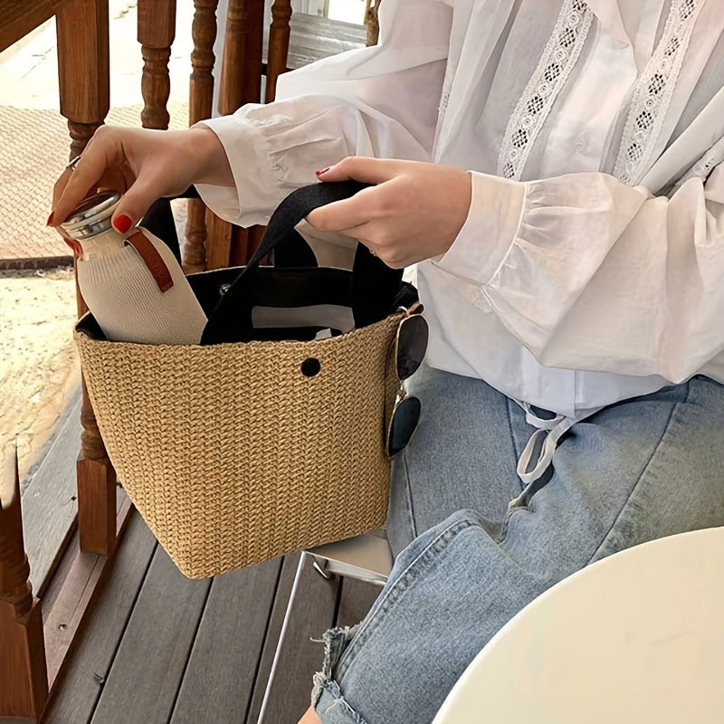 Vintage Straw Woven Handbags, Boho Style Summer Beach Bag, Women's Braided Tote Bag For Travel Picnic