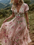 Women's Boho Vintage Pink Floral Art Flowy Maxi Dress