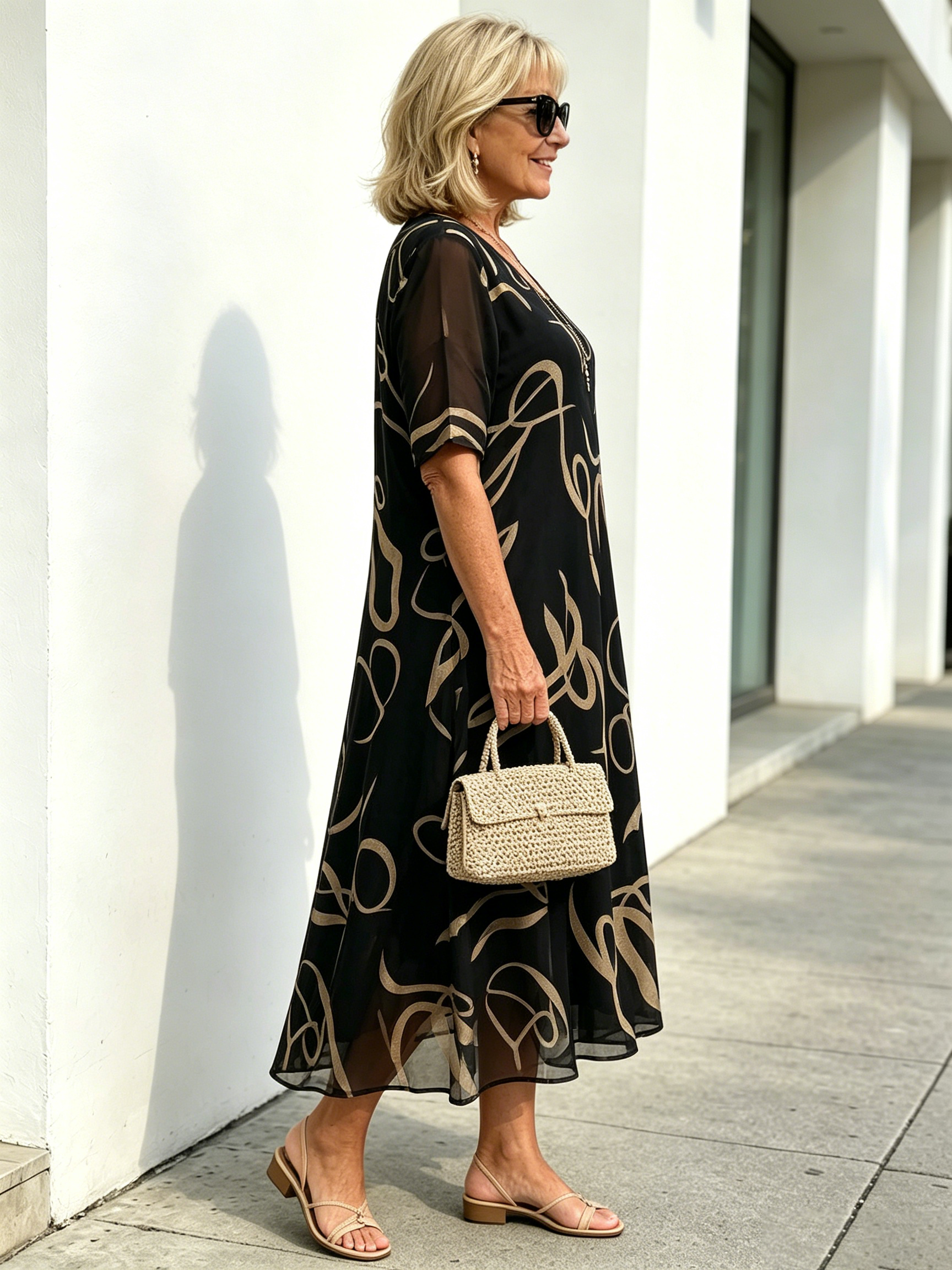 Black Abstract Print Chiffon Midi Dress, V-Neck Short Sleeve Loose Tummy Concealing Back Tie Vacation Dress for Mature Women