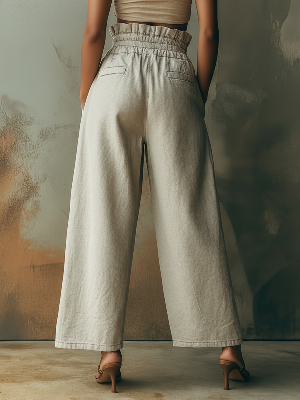 Washed Light Gray Denim High Waist Wide Leg Pants