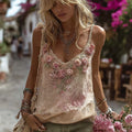 Vintage Pink Rose Embroidery Linen Comfy Camisole