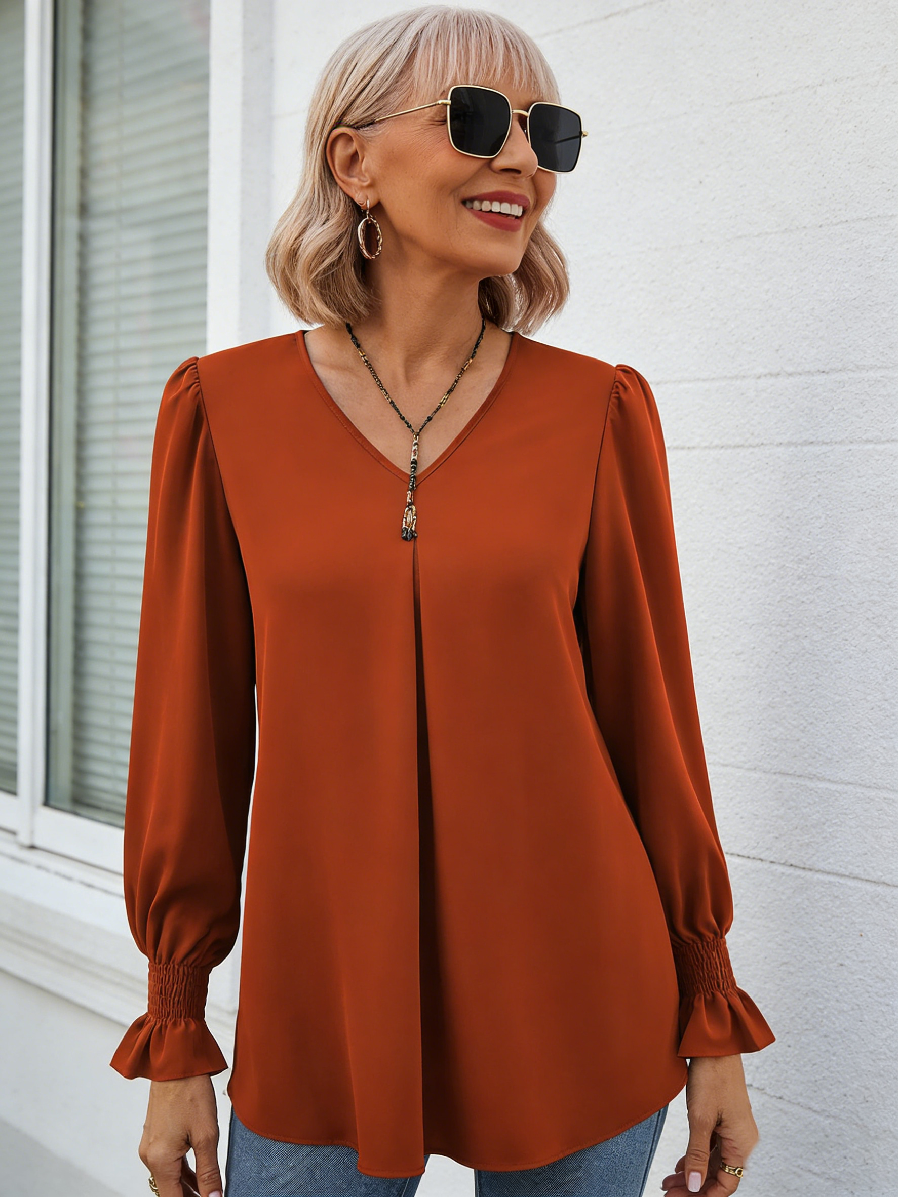Solid Color Chiffon Shirt V-neck Pullover Horn Long-sleeved Top Shirt