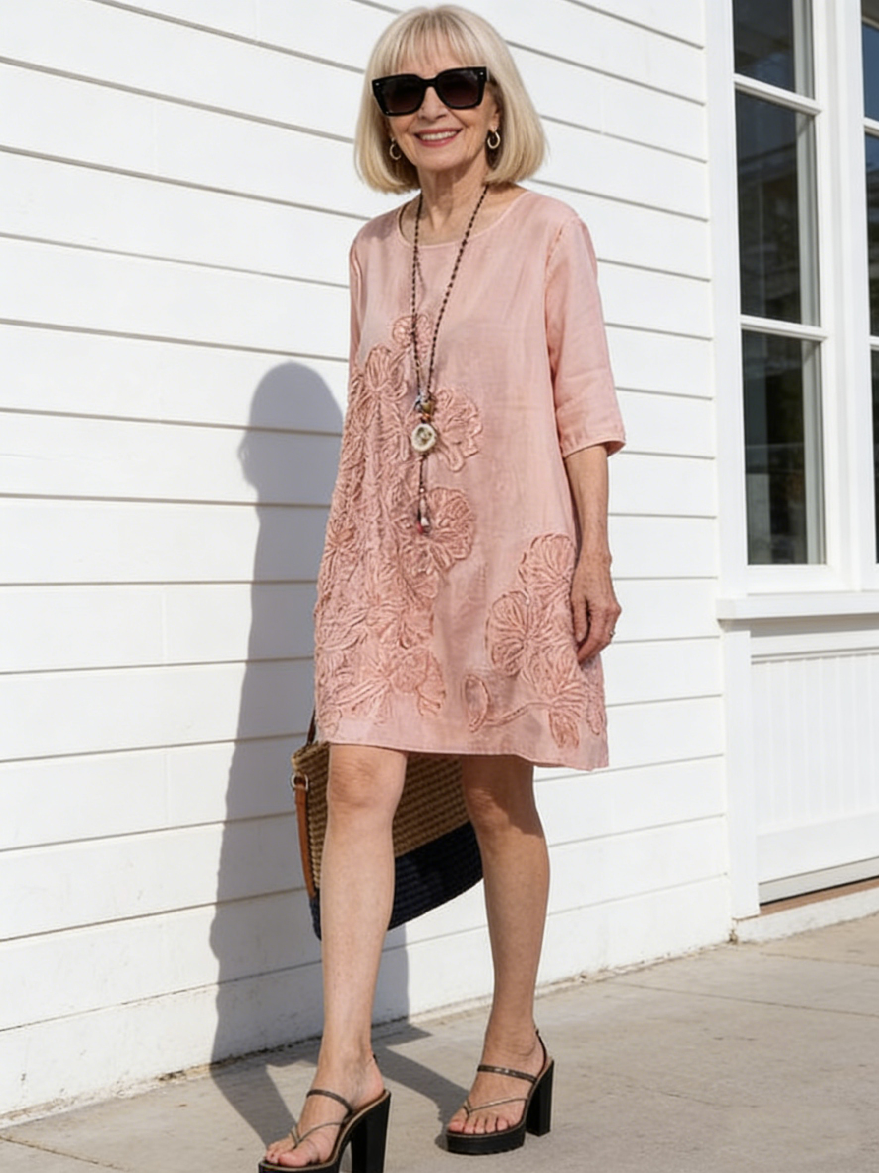 Middle Sleeve Dress Loose Embroidered Long Sleeve Cotton and Linen Dress