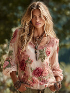 Vintage Floral Art Embroidery Linen Long Sleeves T-shirt