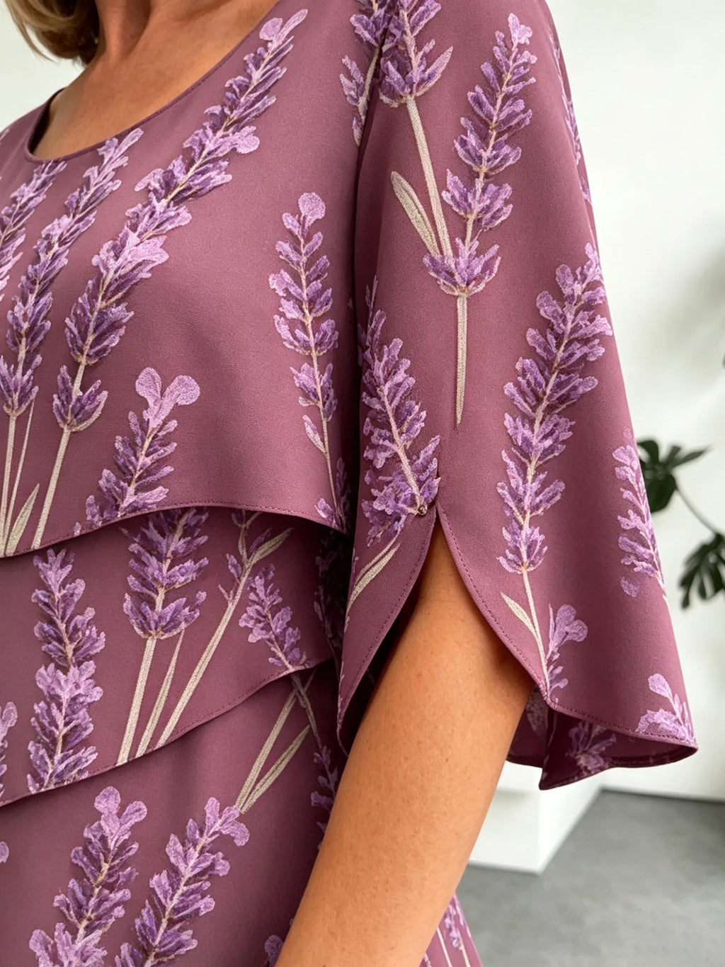Lavender Chiffon Vacation Prints Color Round Neck Cake Skirt Splicing Dress Mid-length
