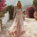 Vintage Boho Pink Roses Embroidered Linen Maxi Dress