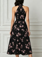 Black Pink Floral Halter Neck Keyhole Midi Dress