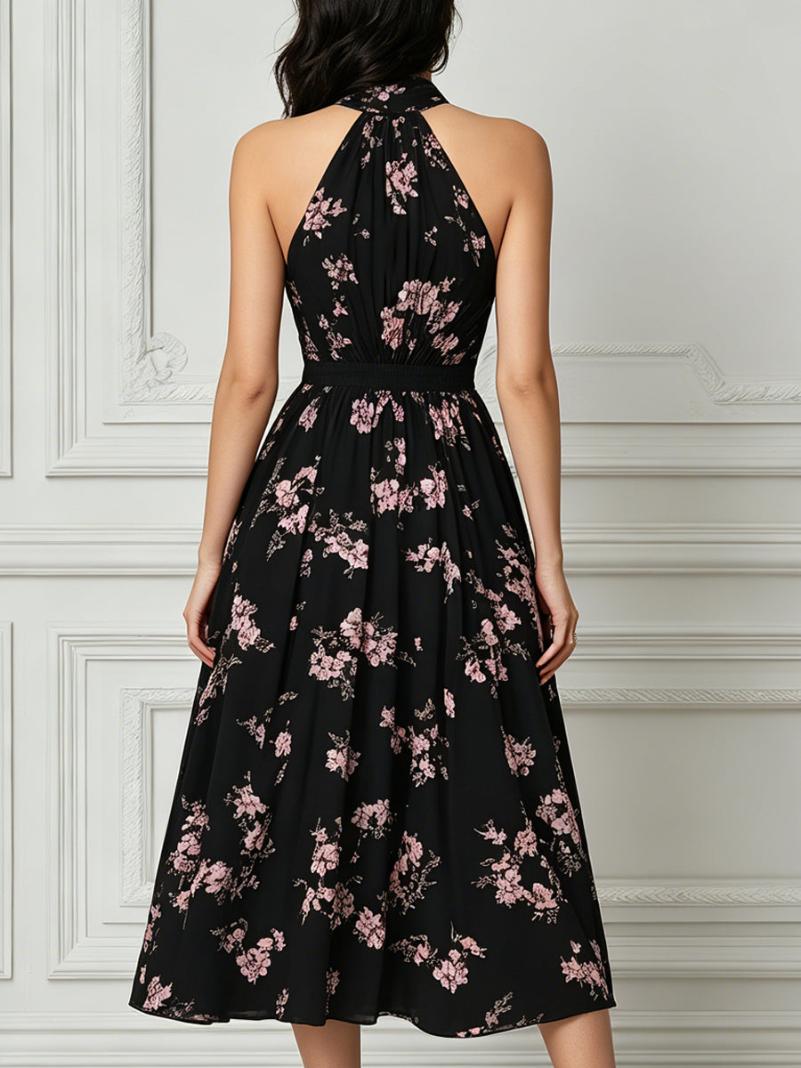 Black Pink Floral Halter Neck Keyhole Midi Dress