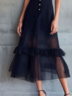 Elegant Sheer Black Chiffon Ruffle-Trim Midi Dress