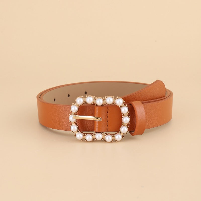 Leather Pearl Belt Ladies Versatile Fashion Decorative Belt Belt Belt