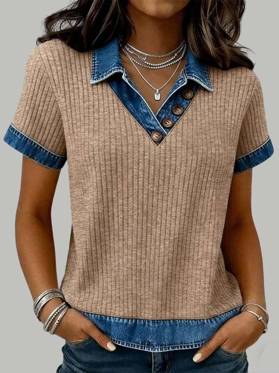 Casual Patchwork Denim Short-sleeved Knit Top