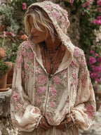 Bohemian Style Pink Rose Vintage Zip-up Hoodie