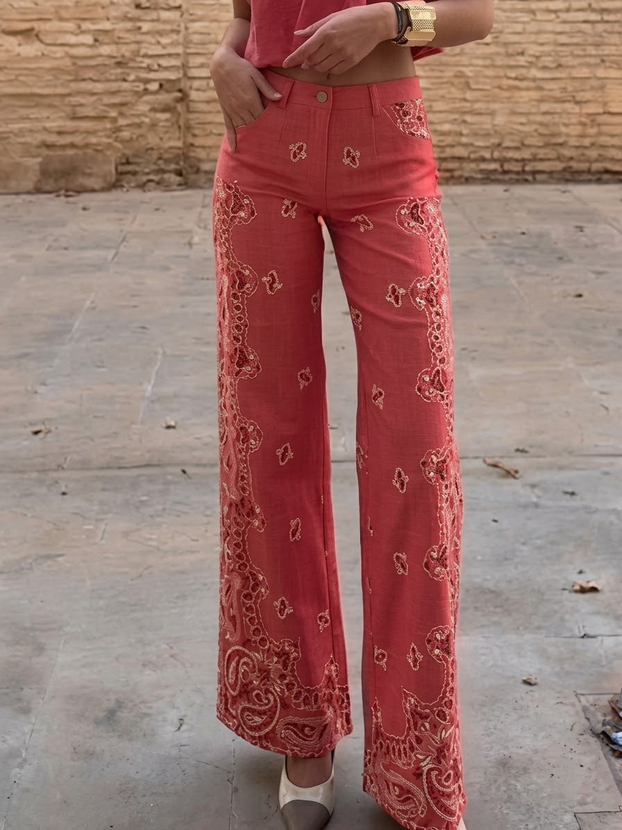 Casual Bohemian Paisley Print Cotton Pants