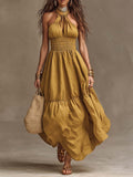 Bohemian Cotton-Linen Halter Smocked Tiered Maxi Dress