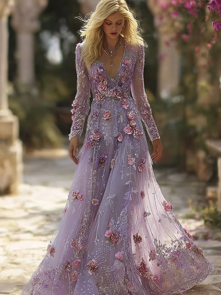 Vintage Purple Roses Glitter Embroidered Flowy Maxi Dress