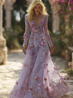 Vintage Purple Roses Glitter Embroidered Flowy Maxi Dress
