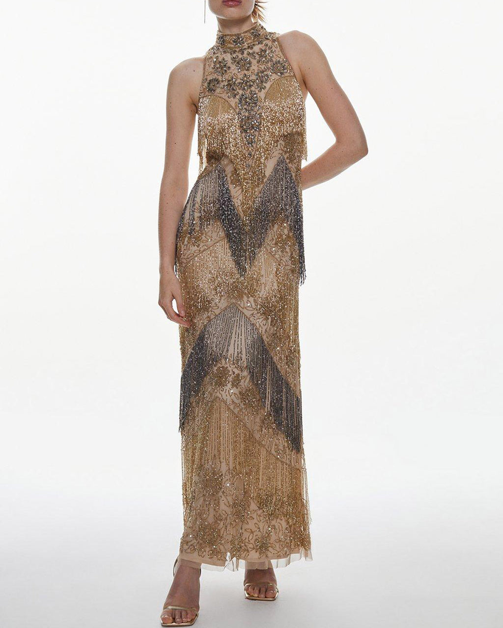 Embellished Fringed Halter Maxi Dress