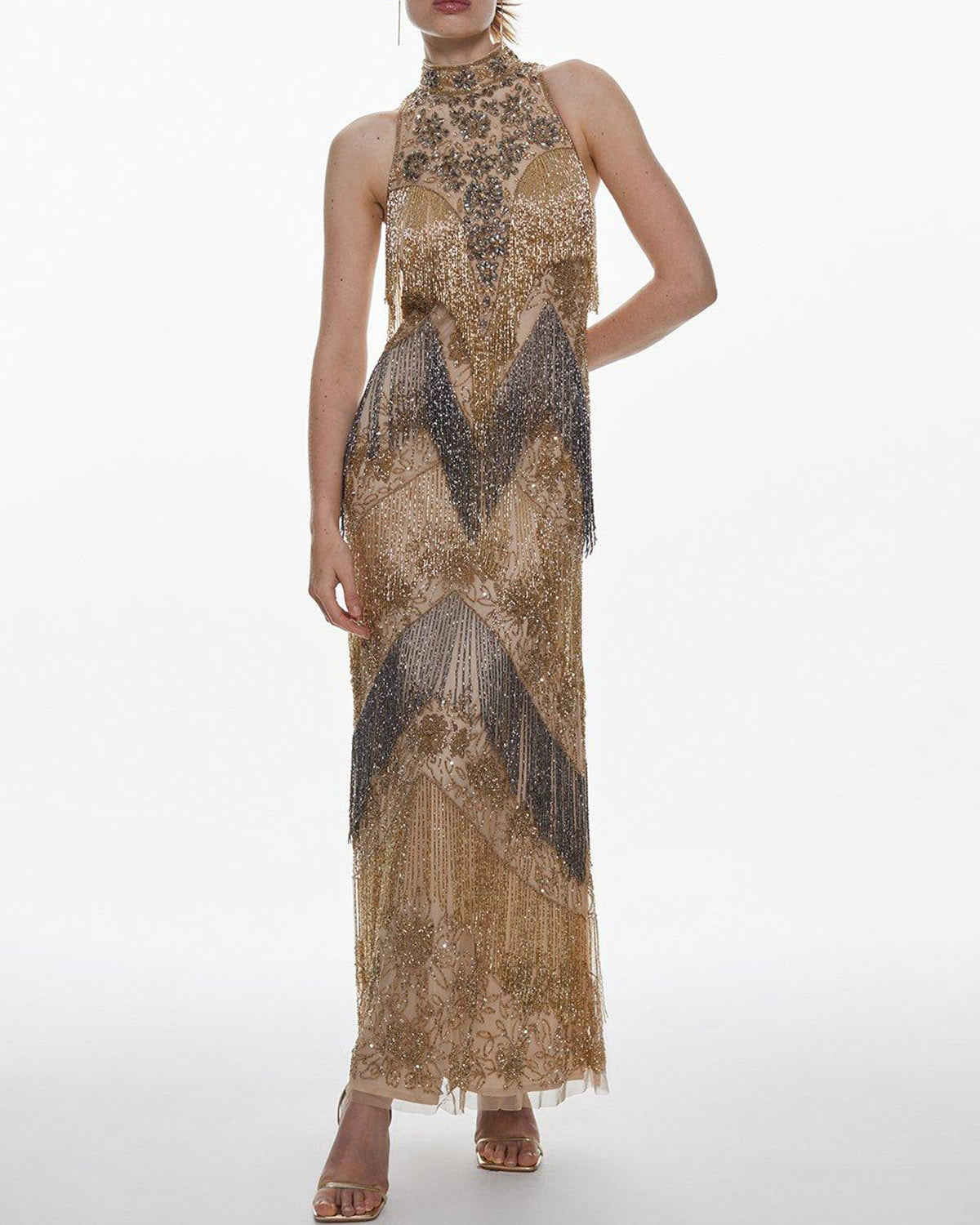 Embellished Fringed Halter Maxi Dress