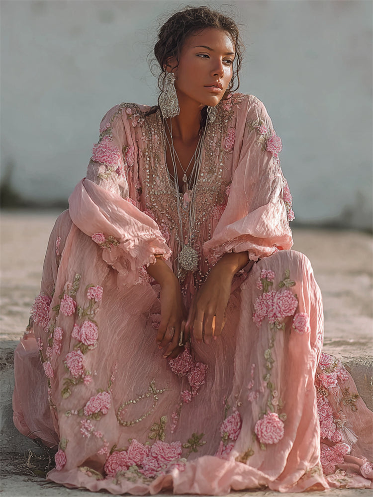 Boho Pink Flowers Glitter Lace Linen Maxi Dress