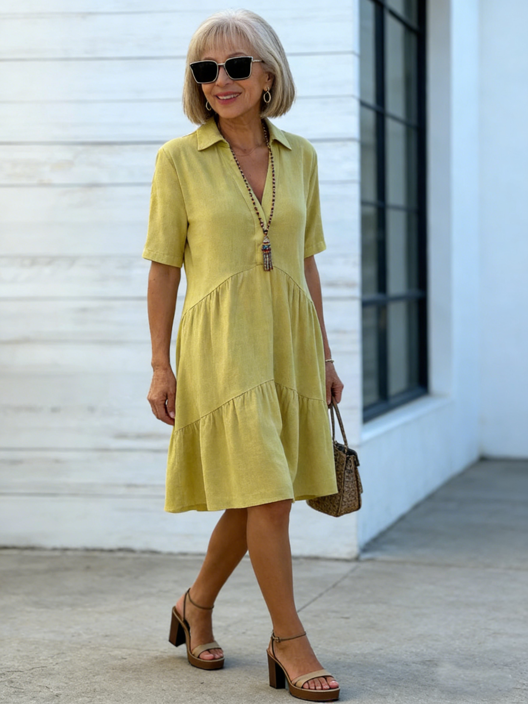 Loose Solid Color Lapel Casual Short-sleeved Cotton and Linen Dress