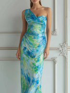 Blue Green Watercolor One-Shoulder Ruched Maxi Dress