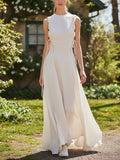 Maxi Linen Dress, Sleeveless, Round Neck, Plain, Ruffles, French Vintage, White