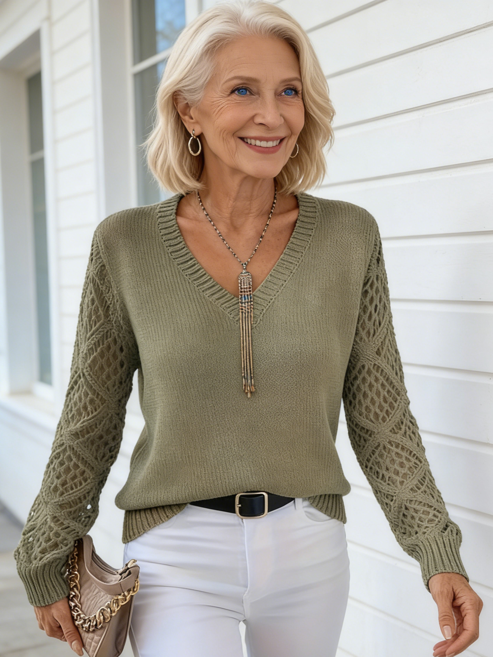 Hollow-out Knitted Sweater Women's Pullover Long-sleeved Crochet Jacquard Loose V-neck Bottoming Top