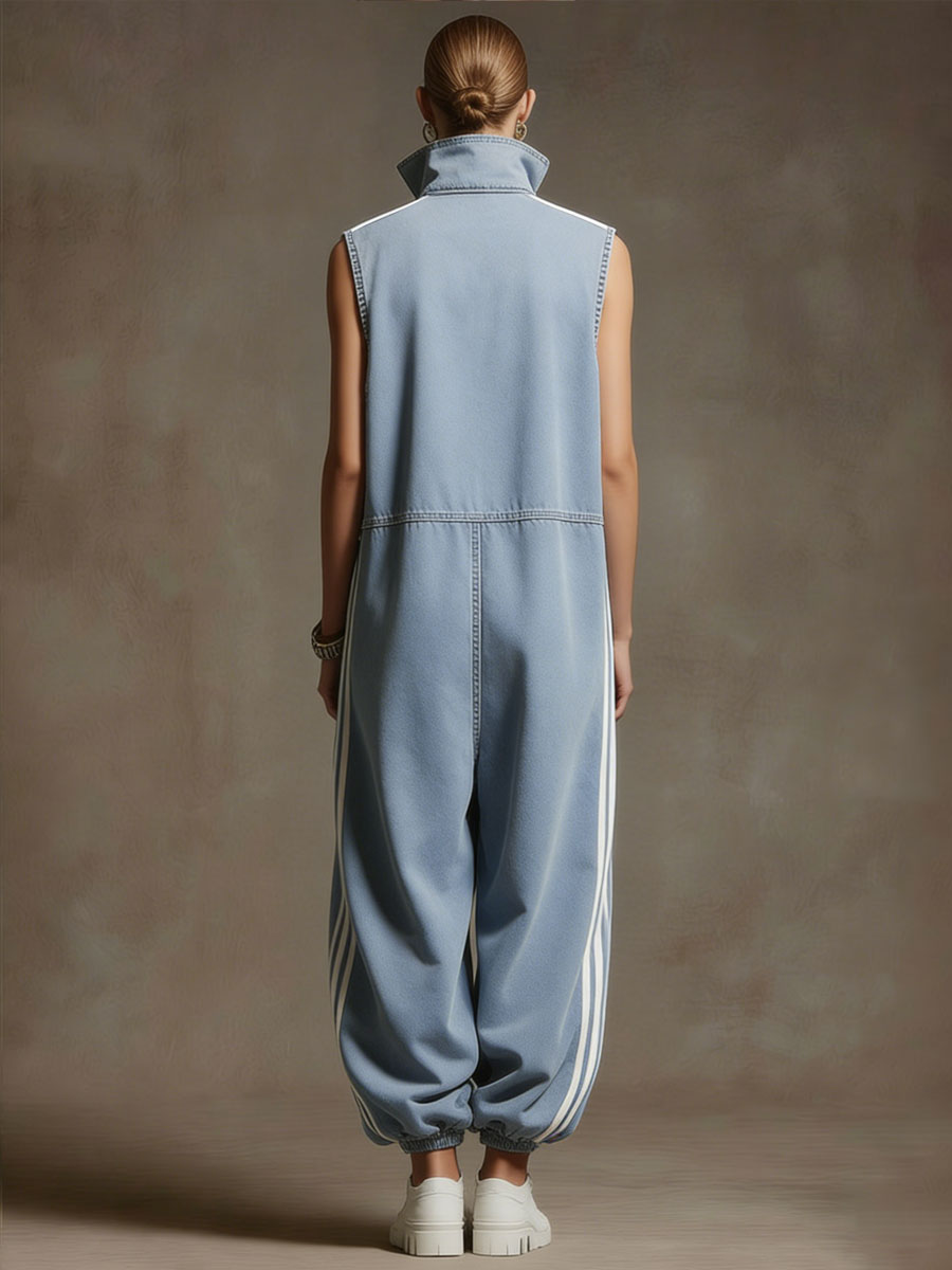 Casual Retro White Ribbon Light Blue Denim Sleeveless Jumpsuit