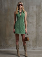 Casual Retro Zipper Sleeveless Green Denim Frayed Mini Dress