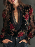 Retro Lace Stitching Velvet Rose Print Lantern Sleeves Blouse