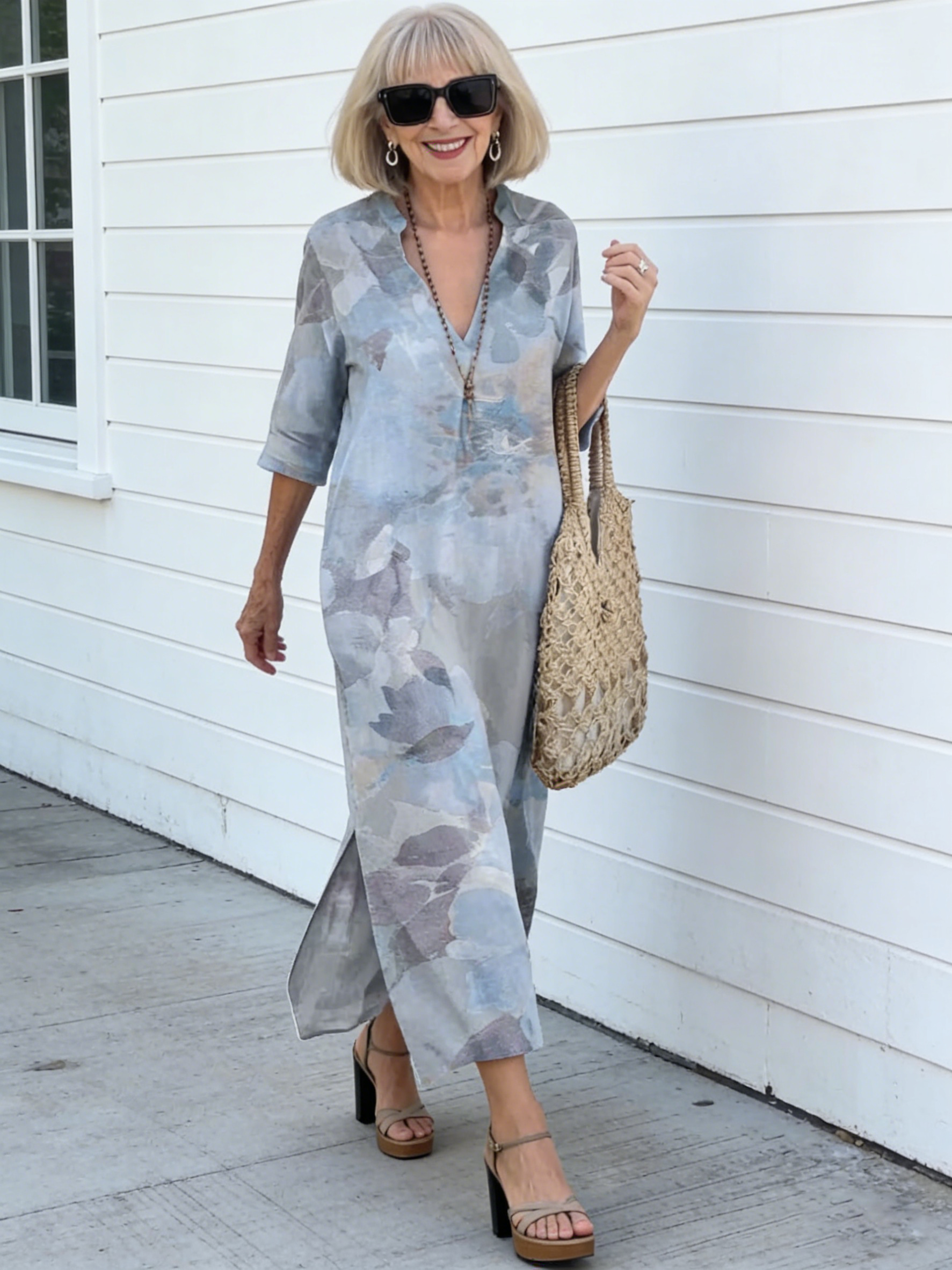 Loose Skirt Slit V-neck Print Imitation Hemp Dress Cotton
