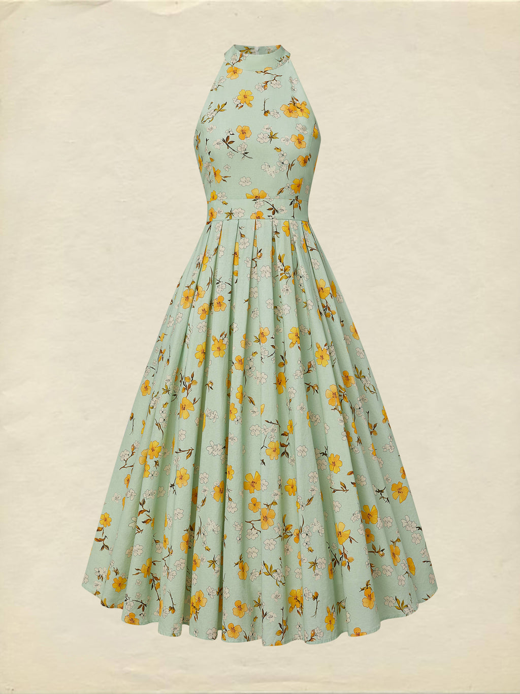 Midi Linen Dress , Sleeveless, Halter, Floral, Pocket Design, Vacation, Vintage, Green