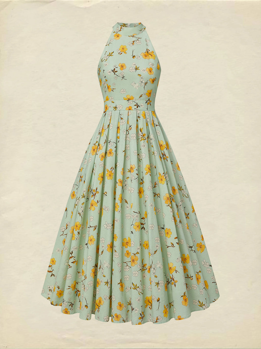 Midi Linen Dress , Sleeveless, Halter, Floral, Pocket Design, Vacation, Vintage, Green