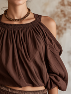 Chocolate Brown Plaid Cold-Shoulder Top & Harem Pants Loungewear Set