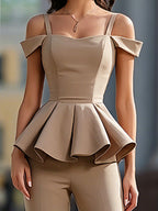 Off-Shoulder Peplum Top And Wide-Leg Pants Set