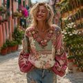 Women's Vintage Bohemian Floral And Rose Patchwork Linen V Neck Shirt