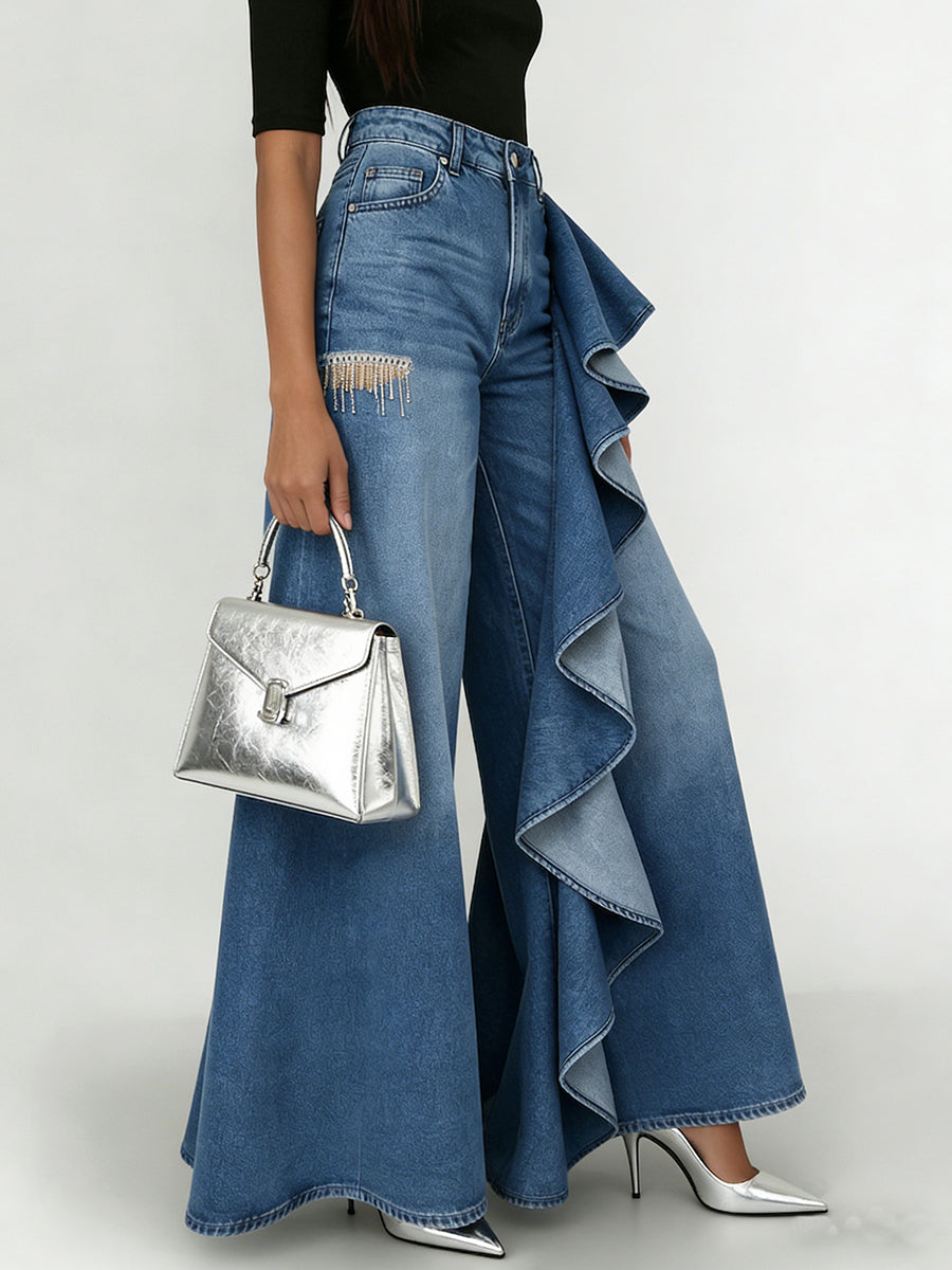 Stylish Cozy Asymmetrical Ruffles Wide-leg Denim Jeans