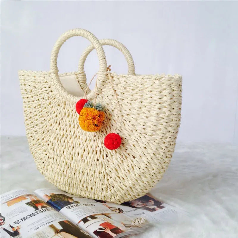 Straw Bag Versatile Women's Bag Casual Round Bucket Woven Straw Bag Vacation Beach Bag