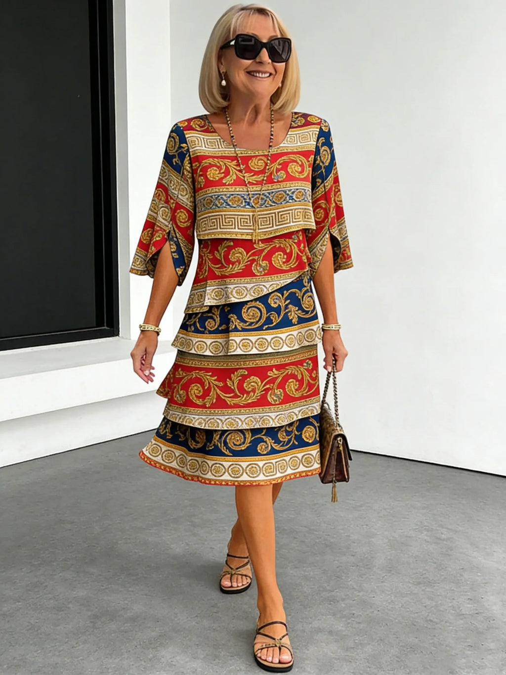 Chiffon Paisley Vacation Prints Color Round Neck Cake Skirt Splicing Dress Mid-length