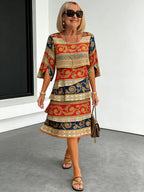 Chiffon Paisley Vacation Prints Color Round Neck Cake Skirt Splicing Dress Mid-length