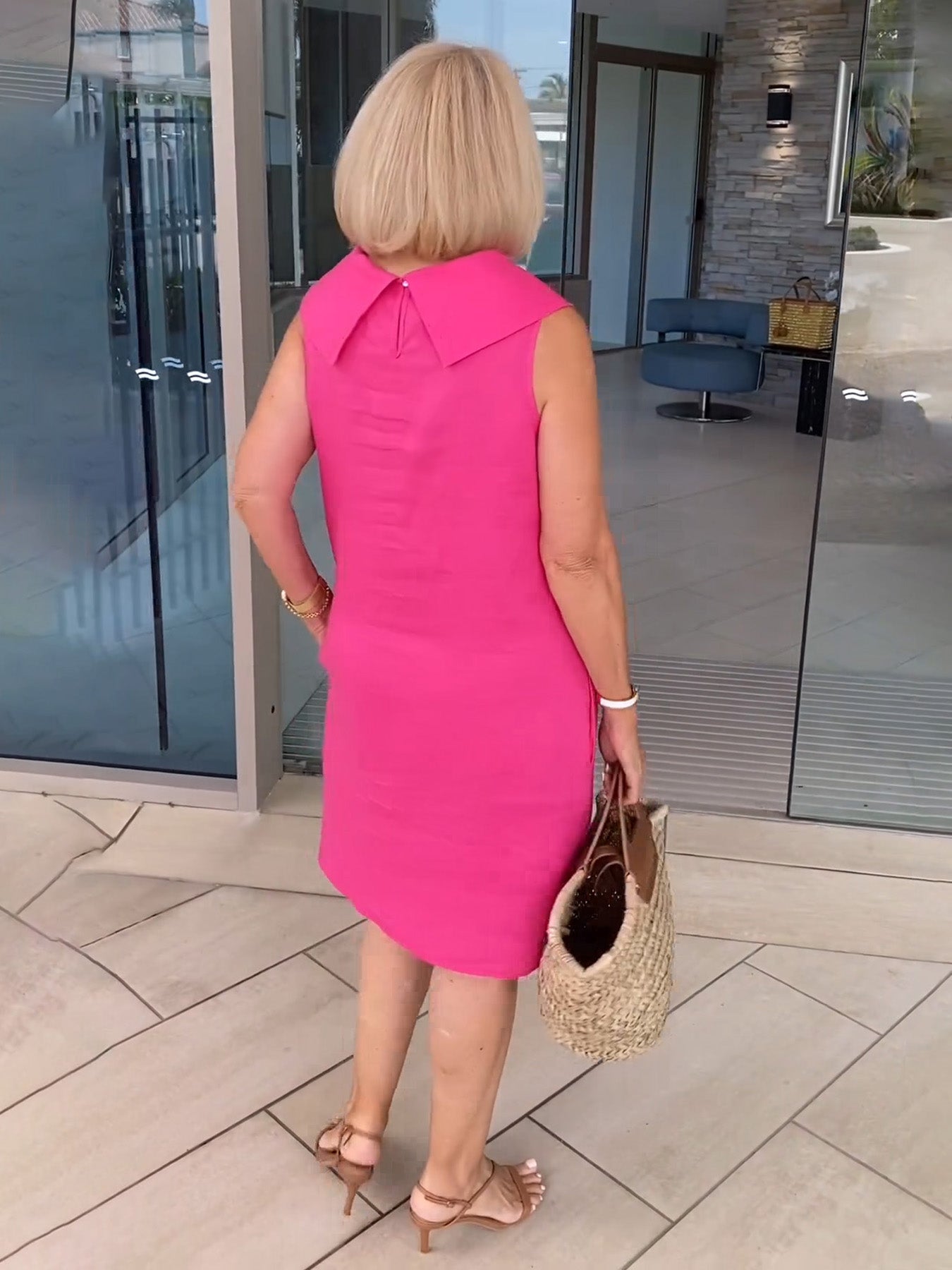 Linen Ruffle Collar Dress Open Collar at Back Party Dress