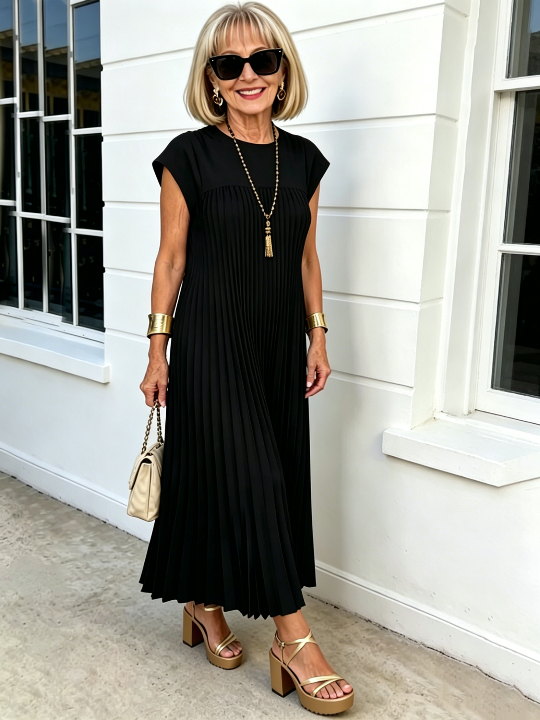 Elastic Dress Women's Elegant Fashion Crew Neck Sleeveless Pleated Long Dress