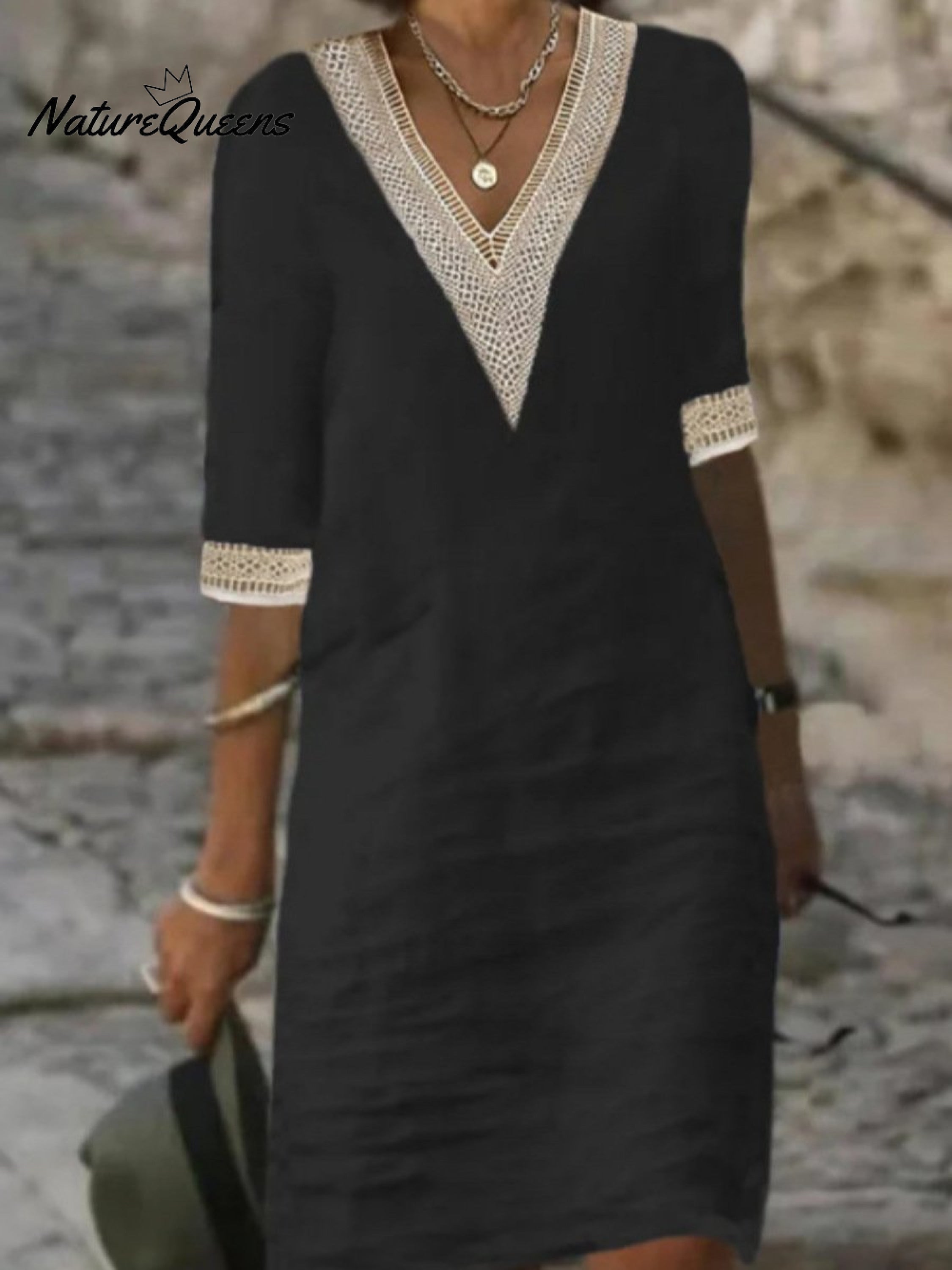 V-neck Mid-sleeved Cotton and Linen Casual Dress