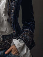 Vintage Navy Polyester Velvet Embroidered Long Jacket