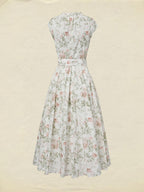 Midi Cotton Dress, Cap Sleeves, Round Neck, Floral, Belt Design, Vintage, Apricot